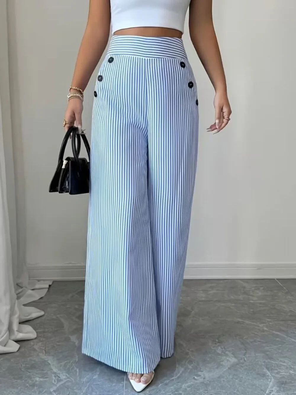 NWT Striped Wide Leg Pants High Waist Nautical Sailor Button Trousers - Picture 3 of 9